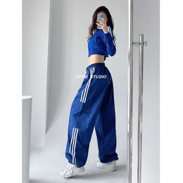 Mexzt gestreifte Joggingpants Frauen Hip Hop Streetwear Baggy Wide Bein Cargo Hosen Bf Y2K High Taille Draw String Jogger Hose