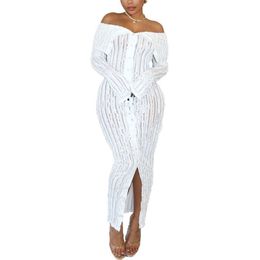 Women Casual Dresses Sexy Off Shoulder See Through Pleated Slash Neck Midi Dress Button Down Slit Bodycon Maxi Dress