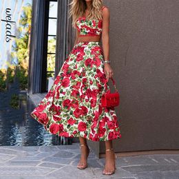 Wefads Two Piece Set Women Elegant Chic Rose Printed Square Neck Sleeveless Strappy Backless Top Loose Long Skirt Streetwear 240510