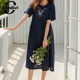 Party Dresses Large Size Women Casual Loose Cotton Linen Embroidered Dress 2024 Summer Oversized Female Tunic Robe 5XL 989