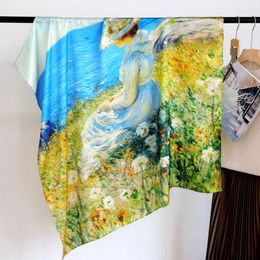 Scarves High-end Elegant Women Fine Oil Painting Seaside Girl Print Quality Plain Satin Silk Hand-rolled Edge Large Square Scarf Shawl