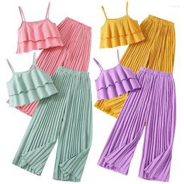 Clothing Sets 2024 Girls Solid Suits Suspenders Summer Sling Ruffles Wide Leg Trousers Two Pieces Clothes Lovely Elegant Children Outfits