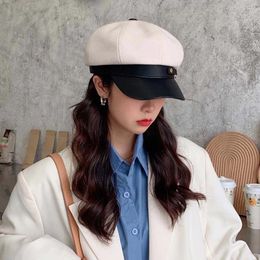 Berets Painter Hat Octagonal Cap Solid Colour Round Metal Buckle Black Red Korean Style Women Pu Leather Brim Beret