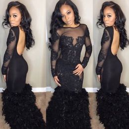 Sexy Black Feather Mermaid Prom Drsses Sheer Neck Long Sleeves Appliques Beaded Tulle Backless African Girls 2K17 Party Dreses Formal D 208Q