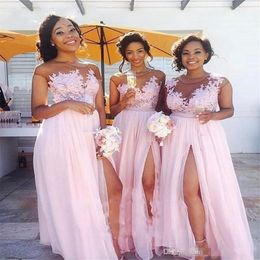 2019 Cheap Pink Bridesmaid Dresses Long For Weddings Chiffon Cap Sleeves Illusion Lace Appliques Side Split Floor Length Maid of Honor 300S