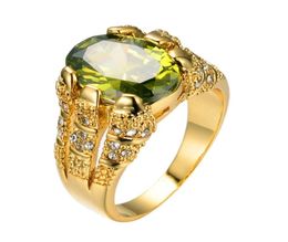 New Fashion Male Peridot Oval Finger Ring Luxury Big Crystal Zircon Stone 14KT Yellow Gold Promise Engagement For Men9383876