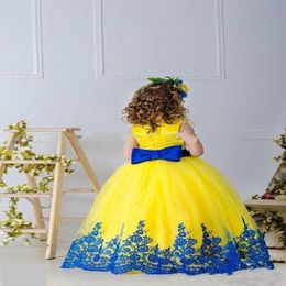 Yellow Girls Pageant Dresses Gowns Appliques Sash Bow Ball Gown Flower Girl Dresses For Wedding Floor Length Girls Birthday Princess Dr 305T