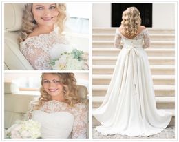 A Line Wedding Dress Real 2021 Lace Bohemian Wedding Gowns Vintage Off The Shoulder Low Back Covered Buttons 34 Long Sleeves5149301