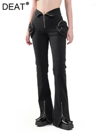 Women's Jeans Fashion Women's Spliced Zipper Pockets High Waist Black Slim Full Length Denim Flare Pants Spring 2024 17A7108
