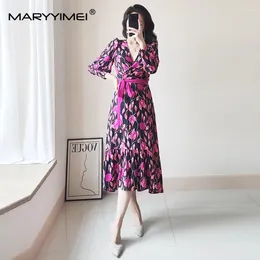 Casual Dresses MARYYIMEI Fashion Designer Women's 2024 Spring Rose Pink Small Lantern Printed V-Neck Long-Sleeved Lace-Up Wrap Dress