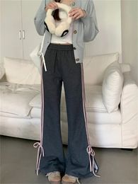 Deeptown Y2K Fairycore Bow Sweatpants Women Korean Fashion Ribbon Gray Jogger Pants Harajuku Sweet Girly Striped Flare Trousers 240508