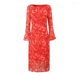 Casual Dresses YENKYE Sexy Elegant Women Rose Floral Print Flare Long Sleeve Dress Round Neck Female Holiday Party Midi Robe