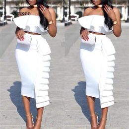 Casual Dresses Ruffled Breast Wrap Midi Pencil Skirt Two-Piece Suit Asymmetry Sexy Crop Tops Set Fashion Temperament Slim Outfits Party