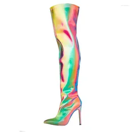 Boots Glitter Laser Color Intrigue Colorful Thigh Pointed Toe Thin Heels Dance Stage Over The Knee Long