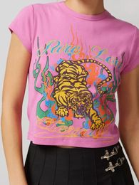 Women's T Shirts Combhasaki Y2K Vintage Retro Summer Slim Crop Tops Letter Tiger Pirnt Short Sleeve Round Neck Aesthetic Baby Tee