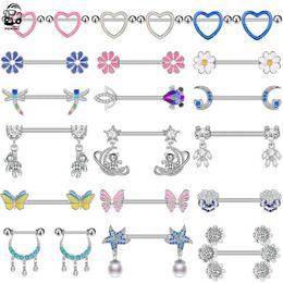 Nipple Rings 2 pieces of steel bear pendant zirconium nickel perforated sexy bra womens fashionable starfish heart shield bar barbell nickel ring Y240510