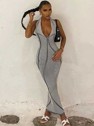 Basic Casual Dresses Hugcitar Striped Print Halter Backless Bandage Sexy Slim Maxi Dress 2023 Summer Women Elegant Fashion Vacation Rave Party Outfit Y240509