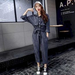 Kvinnors jumpsuits Rompers Corduroy Jumpsuits for Women Vintage Overdimased Straight Pants Trend Loose Long Slve Workwear One Piece Outfit Women Clothing Y240510