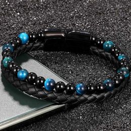 Charm Bracelets Mens Genuine Leather Braided Bracelet Black Stainless Steel Magnetic Clasp Blue Tiger eye Bead Bangles Natural Stone Jewellery Y240510