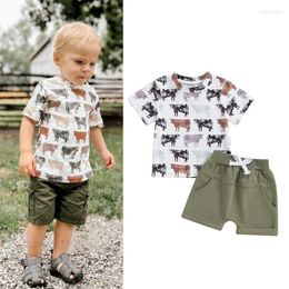 Clothing Sets FOCUSNORM 2Pcs Baby Boys Western Clothes 0-3Y Short Sleeve Cow Print Pocket T Shirts Rolled Shorts Set