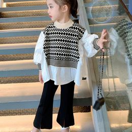 Clothing Sets Spring Girl Two Piece Clothes Patchwork Blouse Flared Pant Toddler Kids Chic Outing Long Sleeve Suit Children Set 2-12Y