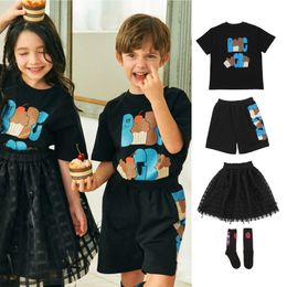 Boys cartoon printed clothes sets girls short sleeve T-shirt with plaid lace tulle skirt 2pcs summer kids casual outfits Z8043