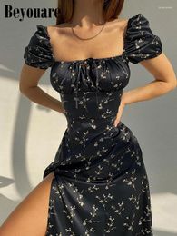 Party Dresses Beyouare Summer Floral Square Collar Maxi Dress For Women's Sexy Lace Up Side Split Chic Mid-Calf Casual Bohemian 2024