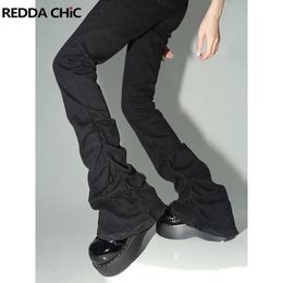 REDDACHiC Black Ruched Flare Jeans Women Solid Stretch Bootcut Stacked Pants High Rise Trousers Harajuku Goth Grunge Y2k Clothes 240509
