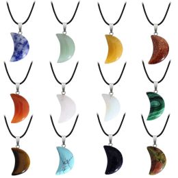 Natural Crystal Stone Pendant Necklace Creative Moon Gemstone Necklaces Hand Carved Fashion Accessory With Chain