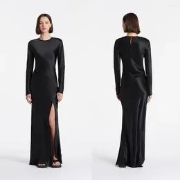 Casual Dresses 2024 Spring Top Women Fashion Black Satin Long Sleeve Slim Maxi Dress Elegant Lady O-neck High Split Female Prom Gown
