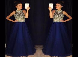 Elegant A Line Royal Blue Prom Dresses High Neck Beaded Crystals Chiffon Long Evening Dresses Prom Gown Robe De Soiree 1595416