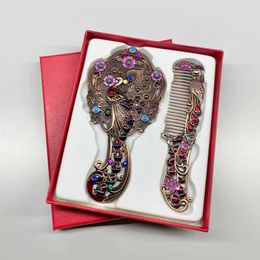 Compact Mirrors Antique bronze embossed oval peacock makeup mirror handheld comb set Russian style portable brightly colored durable Q240509