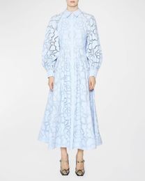 Designer dress, lantern sleeve, lapel, hollowed out flower embroidery, blue long casual dress, long sleeved summer dress