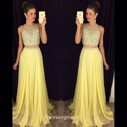 Fashion Women Two Pieces Prom Dress Elegant Yellow Chiffon Beading Long Evening Party Reception Gown Custom Made Plus Size 257E