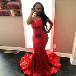 Plus Size Red Sequin Prom Long Black Girls Mermaid Party Dresses 8Th Grade Graduation Sweet 16 Evening Gowns Sheer Neck Sweep Train 0510