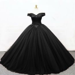 2019 New Ball Gown Black Gothic Wedding Dresses Off the Shoulder Basque Waist Corset Back Floor Length Women Vintage Non White Bridal G 2701