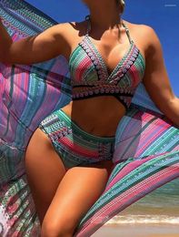 Women's Swimwear 2024 Retro Ethnic Style Shawl Bikini Cross Strap Bra Women Three Piece Swimsuit Blue/Green/Red High Waisted Beachwear