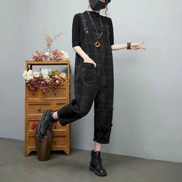 Women's Jumpsuits Rompers Denim Jumpsuits for Women Plaid Oversized Overalls for Women Clothes Korean Style Vintage Playsuits Casual Loose Cross Trousers Y240510