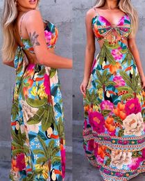 Casual Dresses 2024 Summer Leisure Vacation V Tie Printed Open Back Hollow Dress