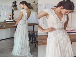 Boho Wedding Dresses Lace Applique Bohemian Bridal Gowns with Cap Sleeves and V Neck Pleated Skirt Elegant ALine Beach vestido de4010517