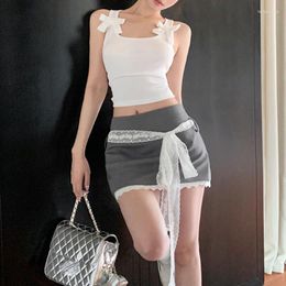 Women's Tanks 2024 Spring Korean Bow Casual White All Match Camisole Women High Waist Lace Patchwork Sexy A-line Skirt Two-piece Suit
