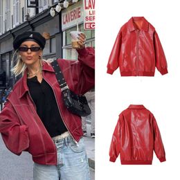 Women Fashion Red PU Leather Bomber Jacket Vintage Turn-down Collar Zipper Patchwork Short Coat 2024 Autumn Fashion Streetwear