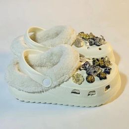 Casual Shoes Indoor Mules Women Winter Warm Slippers With Charms Slip On Scuff Clogs EVA Waterproof Slides Short Plush Platform House