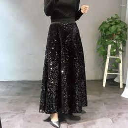 Skirts Autumn Sequin Maxi Long Elastic Waist Bling Thick Drape Metallic A-line Ankle Knitted Skirt Green Silver
