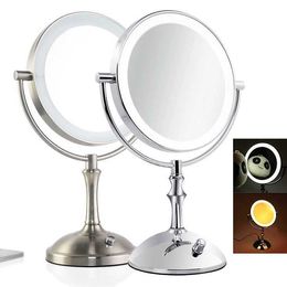 Compact Mirrors 8-inch makeup mirror double-sided 1/3 magnification with LED light adjustable brightness on two tabletops Q240509