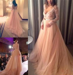 Elie Saab Prom Dresses V Neck Lace Appliques long sleeve evening dress Chapel Train Zipper Back Tulle Party Dresses Cheap1522021