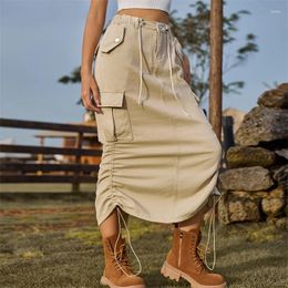 Skirts 2024 Fashion Drawstring Denim Skirt Women Jean Spring Autumn Retro Streetwear Elastic Waist Pocket Casual Lady Long