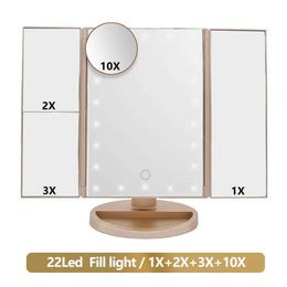 Compact Mirrors Foldable Makeup Mirror with LED Light 3 1X 2X 3X Desktop Dressing Dimmable Rotating Touch Switch Q240509