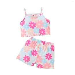 Clothing Sets Summer Camisole Top Girls Flower Print Suspenders Two Suit For Children 2 To 8 Cute Pant