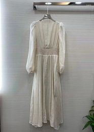 Casual Dresses 2024 Women's Fashion Bubble Long-sleeved V-neck Beaded Waist Jacquard Long Dress 0329